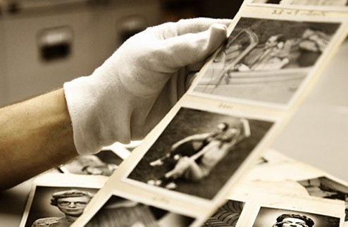 Sich mit alten Fotos befassender Archivar