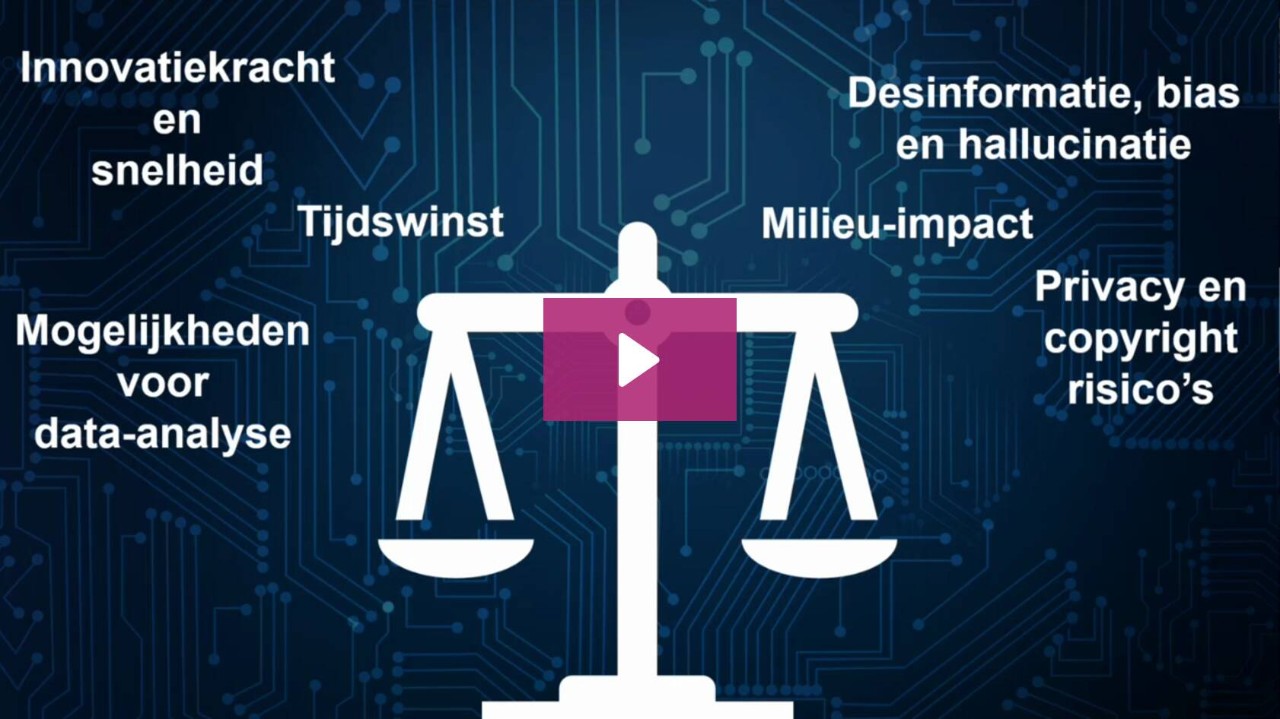 Webinar-thumbnail met weegschaal en tekst over AI-afwegingen in bibliotheken: links innovatiekracht, snelheid, tijdswinst, mogelijkheden voor data-analyse; rechts desinformatie, bias, hallucinatie, milieu-impact, privacy en copyright risico's