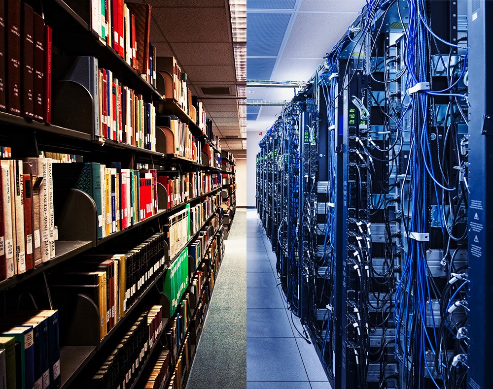 Inset: Library shelves and servers