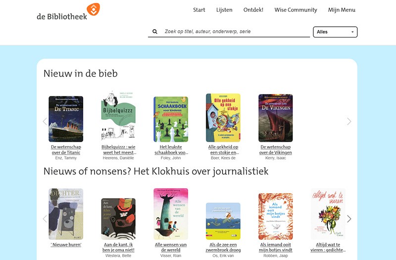   Schermafbeelding van juniorWise, een jeugdcatalogus waarmee kinderen eenvoudig boeken en digitale bronnen kunnen ontdekken. De interface toont actuele titels en thema's zoals "Nieuw in de bieb" en "Nieuws of nonsens?" om leesplezier en nieuwsgierigheid te stimuleren.