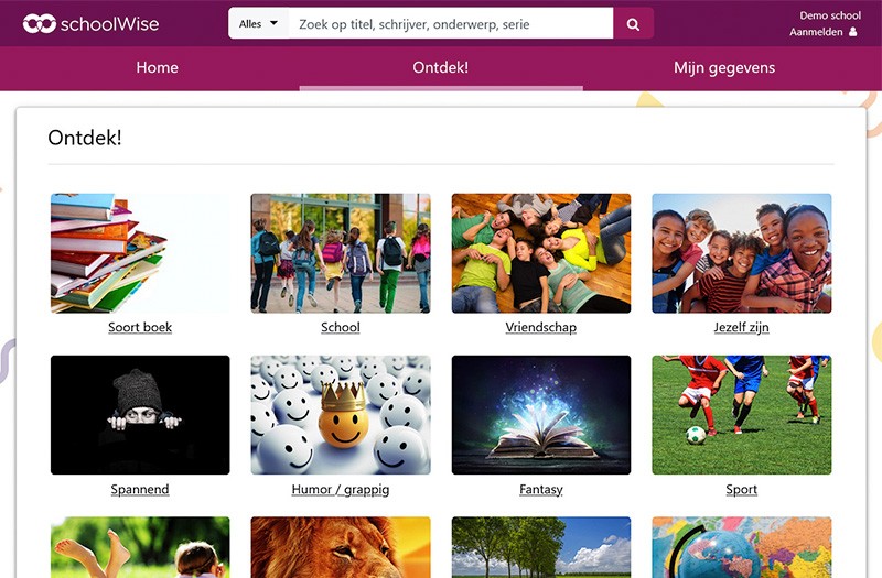 Screenshot van de ontdekpagina in schoolWise met themacategorieën zoals 'Soort boek', 'School', 'Vriendschap' en 'Jezelf zijn'