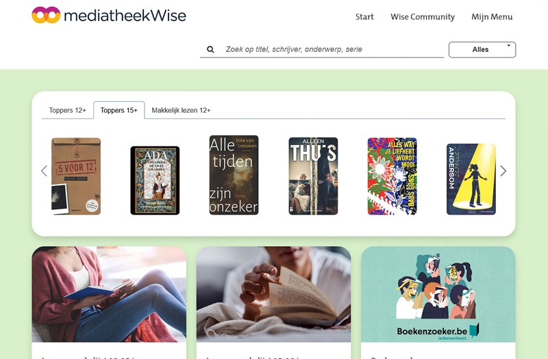 Schermafbeelding van mediatheekWise, een mediabeheersysteem voor middelbare scholen. De interface toont thematische zoekopties zoals "Mens en wereld", "Sport en fun" en "Computers en techniek", samen met een overzicht van boeken en bronnen die aansluiten bij de interesses en leerbehoeften van jongeren.