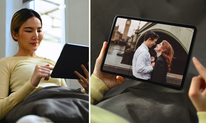 Foto: Frau sieht sich einen Streaming-Film auf ihrem Tablet an
