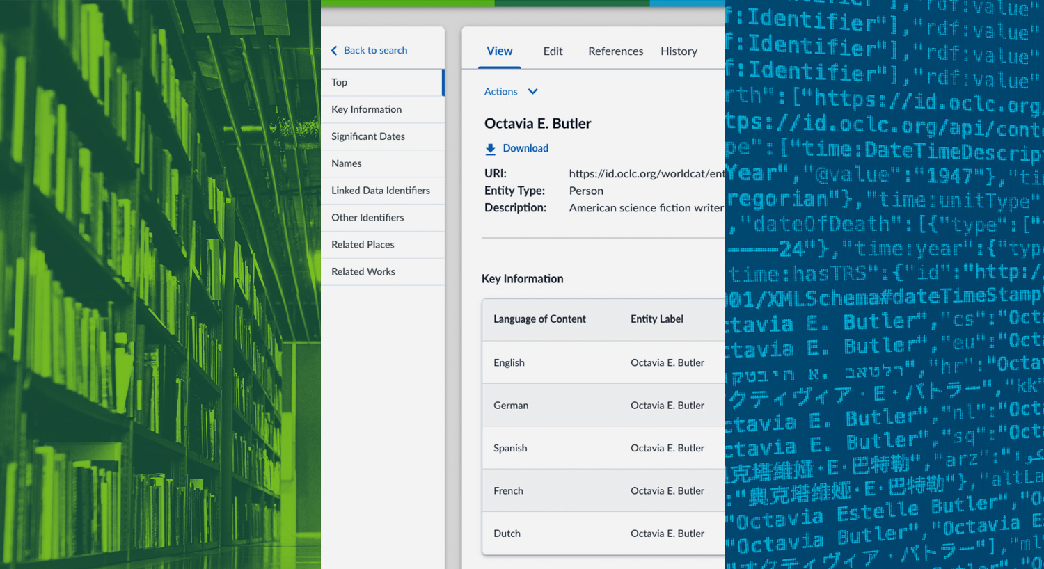Photo illustration: OCLC Meridian interface and linked data code