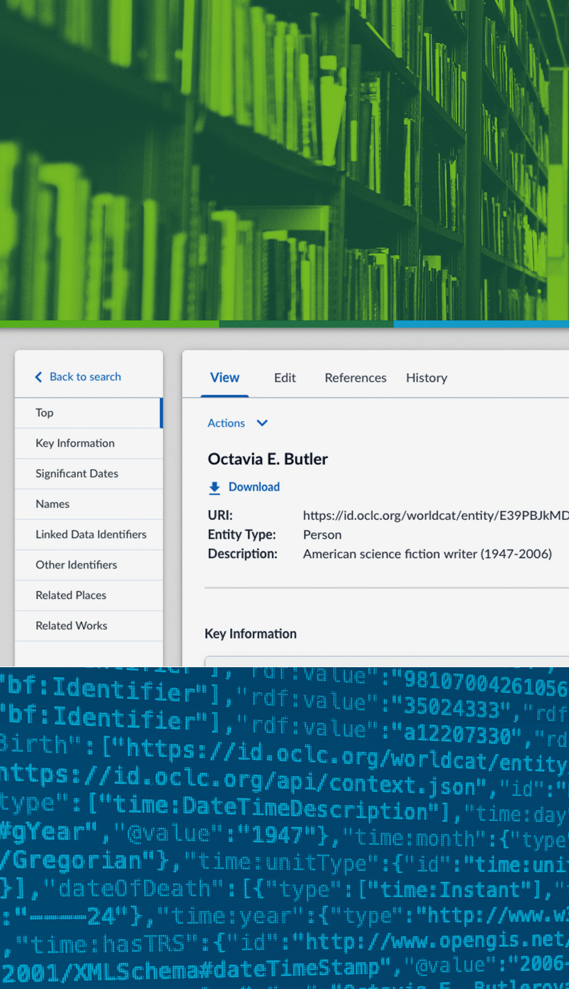 Photo illustration: OCLC Meridian interface and linked data code