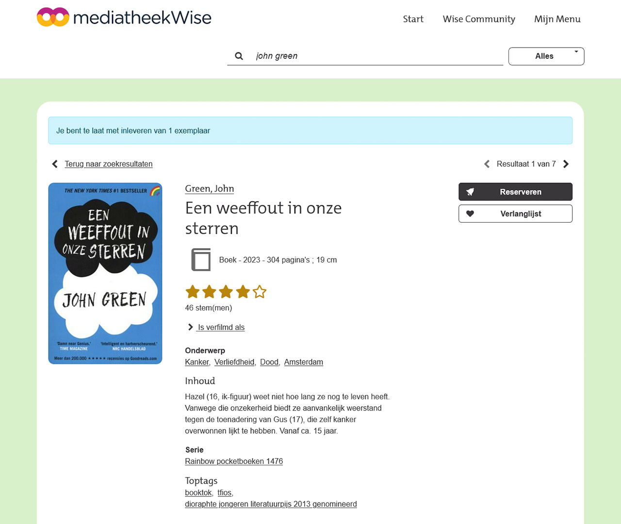Screenshot van de detailpagina van 'Een weeffout in onze sterren' van John Green in mediatheekWise, met boekcover, beoordeling, inhoudsbeschrijving en reserveerknop