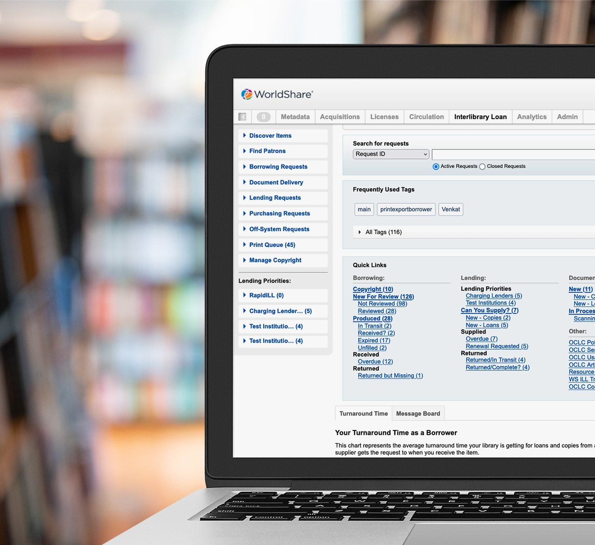 WorldShare Interlibrary Loan interface on computer in library