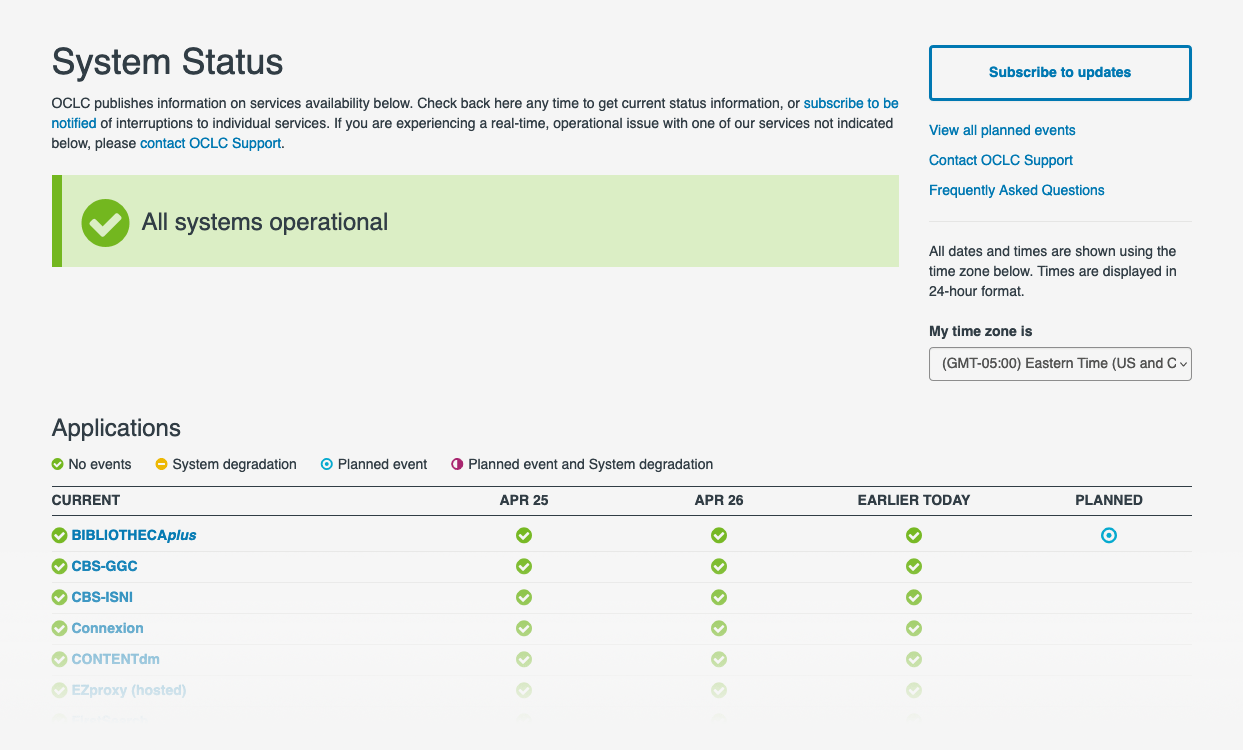 Voorbeeldscherm: OCLC systeemstatus
