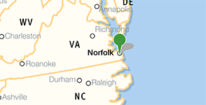 Kaart met de locatie van de bibliotheek van de Norfolk Public Library