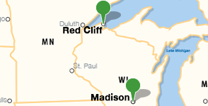 Karte mit dem Standort der University of Wisconsin in Madison und dem Red Cliff Band of Lake Superior Chippewa