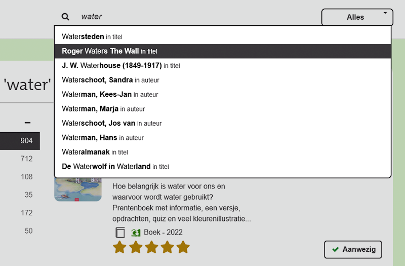 Screenshot van zoeksuggesties in mediatheekWise bij het typen van 'water', met voorgestelde titels en auteurs