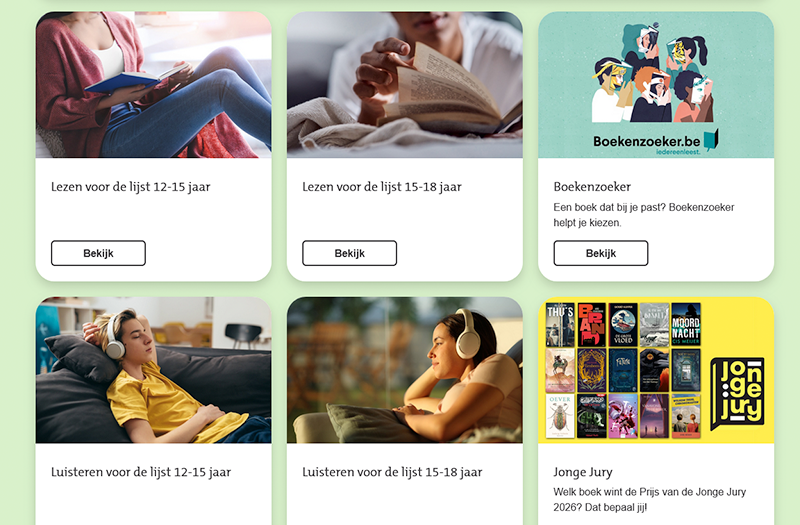 Screenshot van mediatheekWise met zes tegels: leeslijsten voor 12-15 en 15-18 jaar, Boekenzoeker, luisterlijsten voor 12-15 en 15-18 jaar, en Jonge Jury