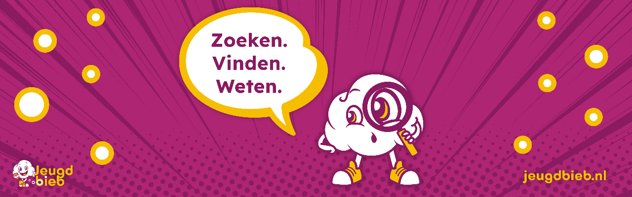 Jeugdbieb mascotte met vergrootglas en de tekst: Zoeken. Vinden. Weten.
