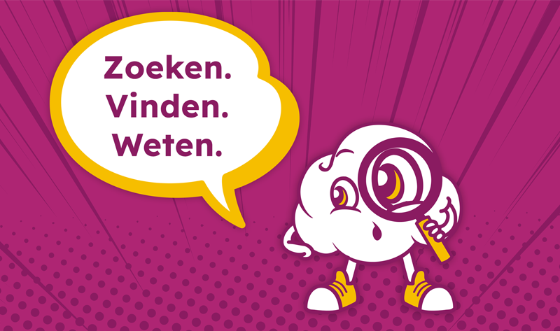 Illustratie van een vrolijk wolkje met vergrootglas en de tekst 'Zoeken. Vinden. Weten.'
