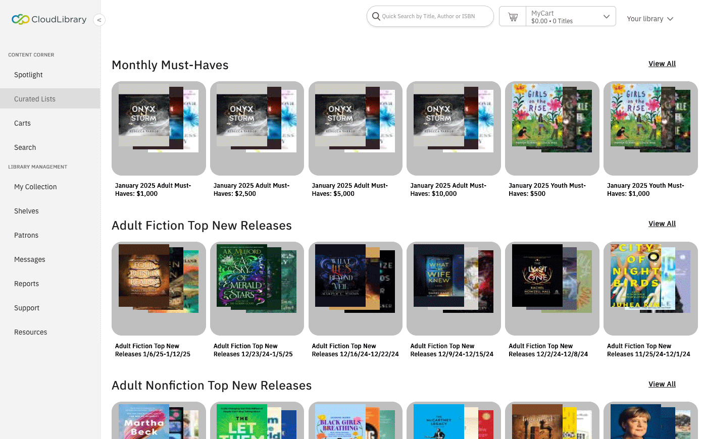 CloudLibrary interface: Curated lists of e-books and digital audiobooks